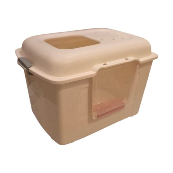 صندوق رمل كبير للقطط – ليتر بوكس واسع بسقف قابل للفتح اللون: أوف وايت وبينك (مستخدم)