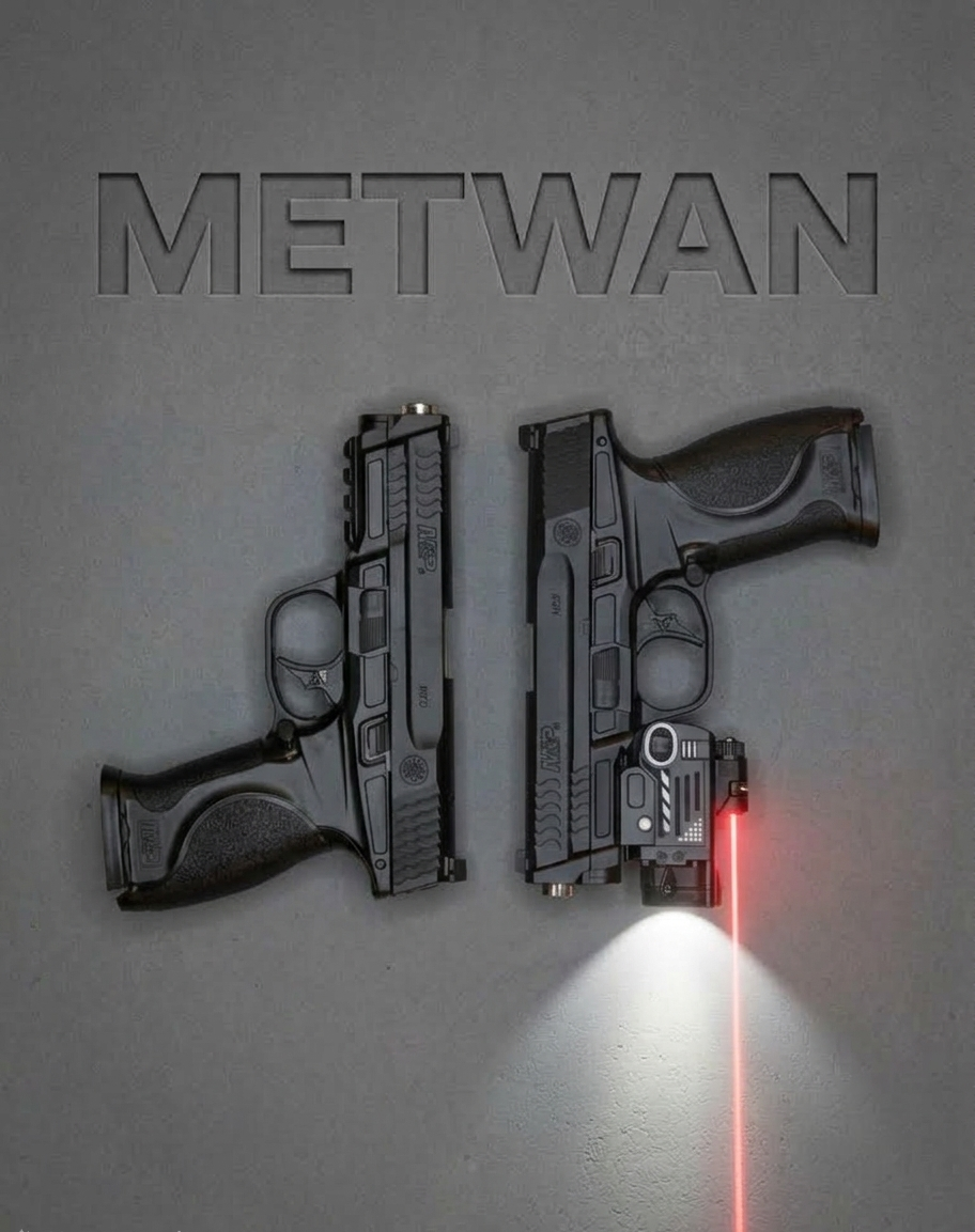 metwan-mp-basic-tactical-v-formation METWAN M&P toy gun Basic and Tactical variants positioned side by side with flashlight and laser
