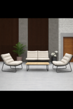 طقم جلسة خارجية مودرن مع وسائد مقلمة وطاولة خشبية مستطيلة