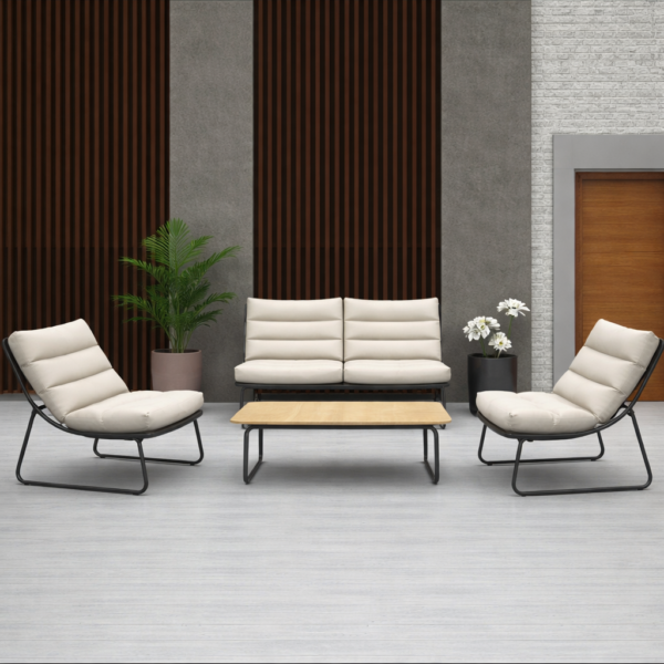 طقم جلسة خارجية مودرن مع وسائد مقلمة وطاولة خشبية مستطيلة