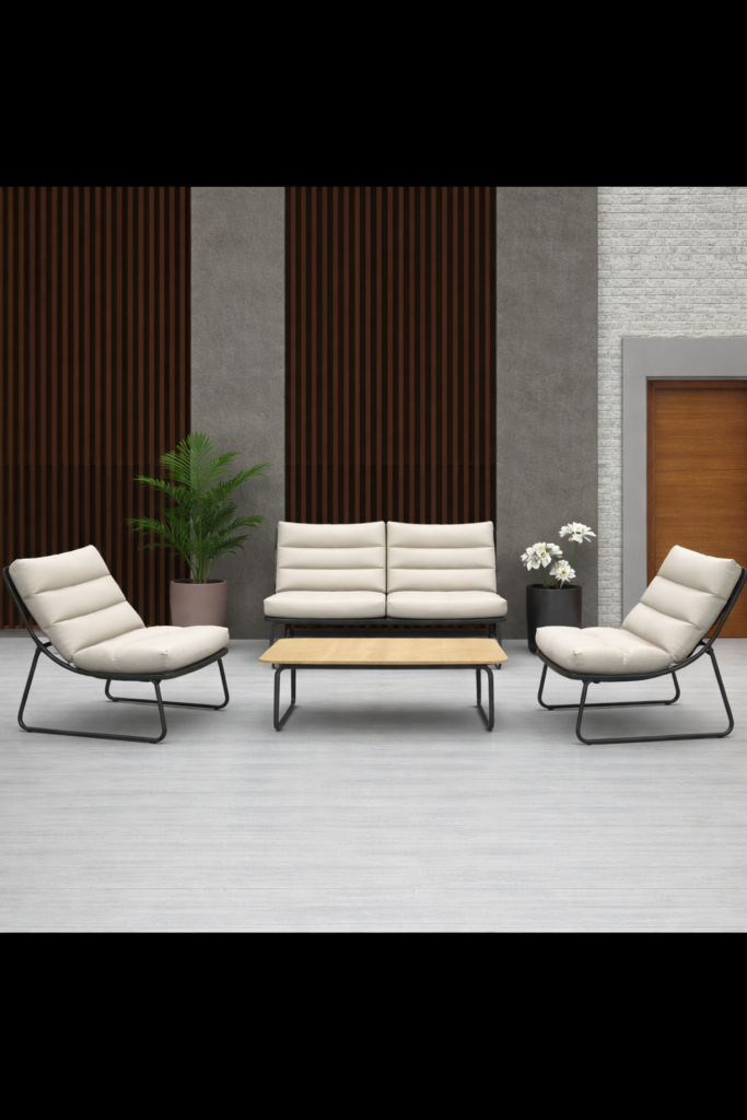 طقم جلسة خارجية مودرن مع وسائد مقلمة وطاولة خشبية مستطيلة