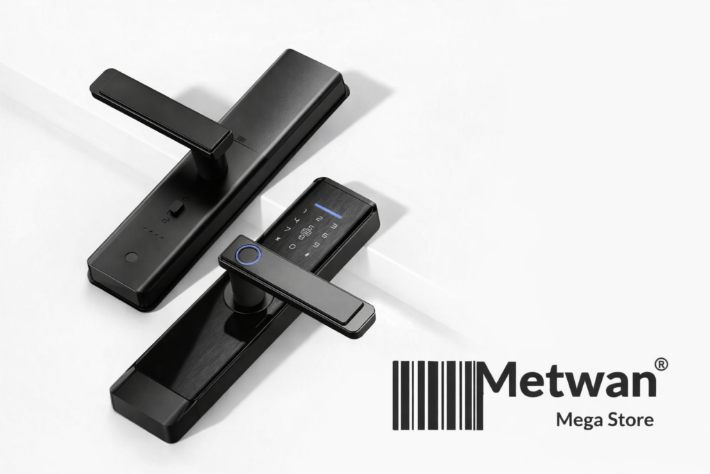 قفل باب ذكي إلكتروني أسود ببصمة وباسورد مع تطبيق للهاتف ونظام أمان متطور