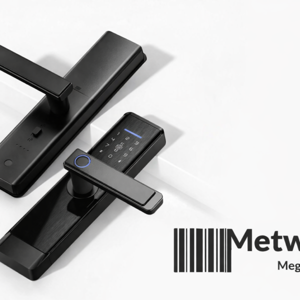 قفل باب ذكي إلكتروني أسود ببصمة وباسورد مع تطبيق للهاتف ونظام أمان متطور