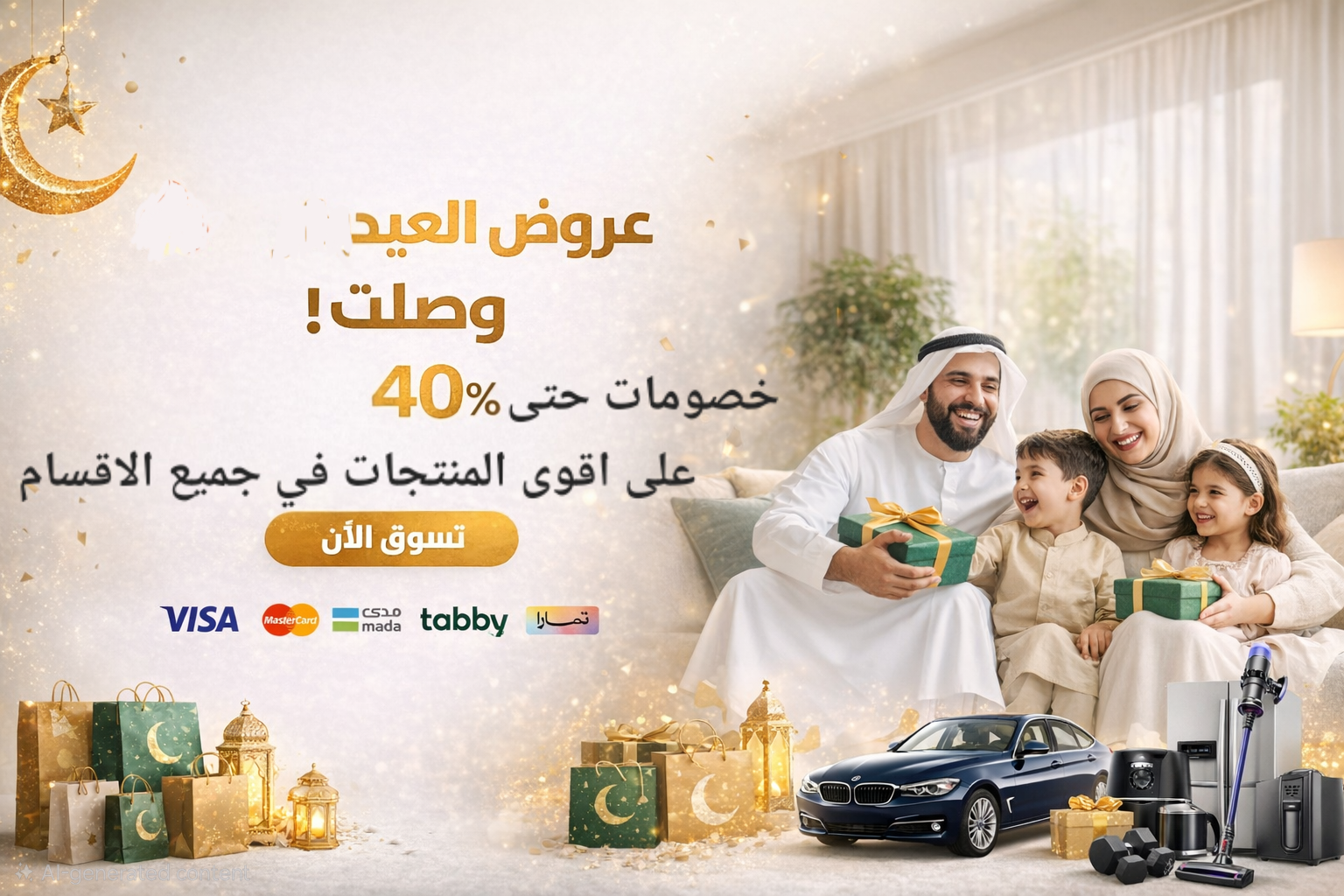 بانر عروض العيد من متجر متوان يتضمن خصومات تصل إلى 40% على مختلف الأقسام مثل الأجهزة المنزلية والإلكترونيات والأزياء