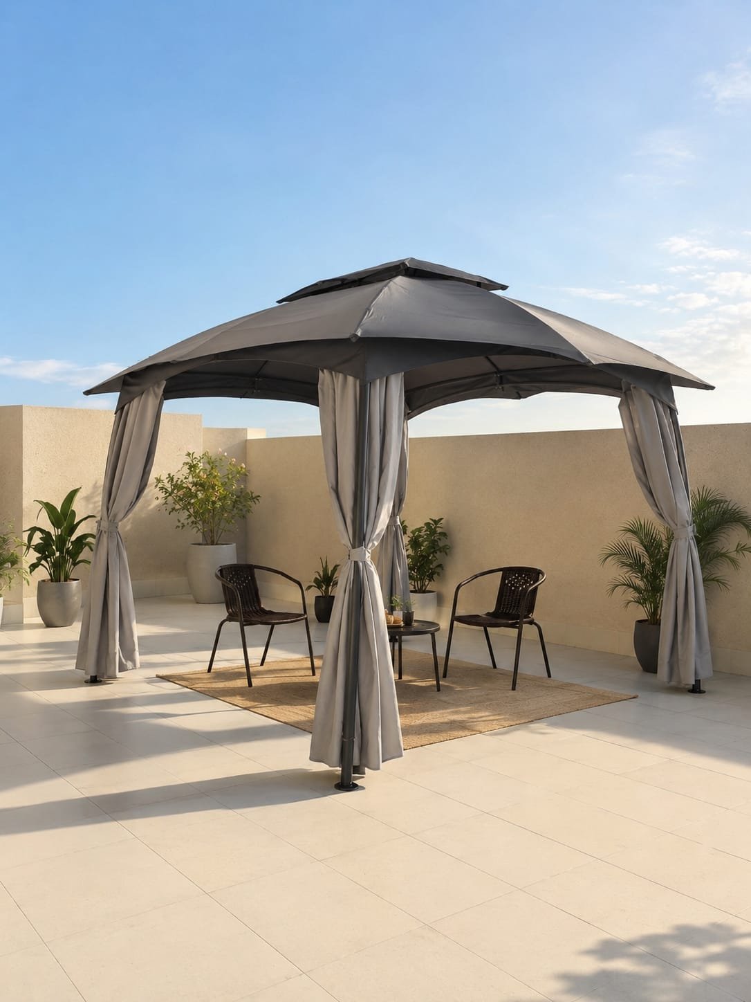gazebo-3x4-outdoor-canopy-gray-curtains-saudi مظلة جازيبو خارجية 3×4 متر رمادية مع ستائر جانبية للحدائق والأسطح