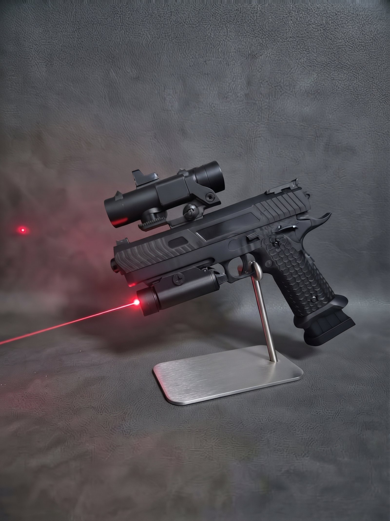 manual-automatic-gel-blaster-gun-laser-front-view Manual and automatic tactical gel blaster gun with laser sight on steel stand.