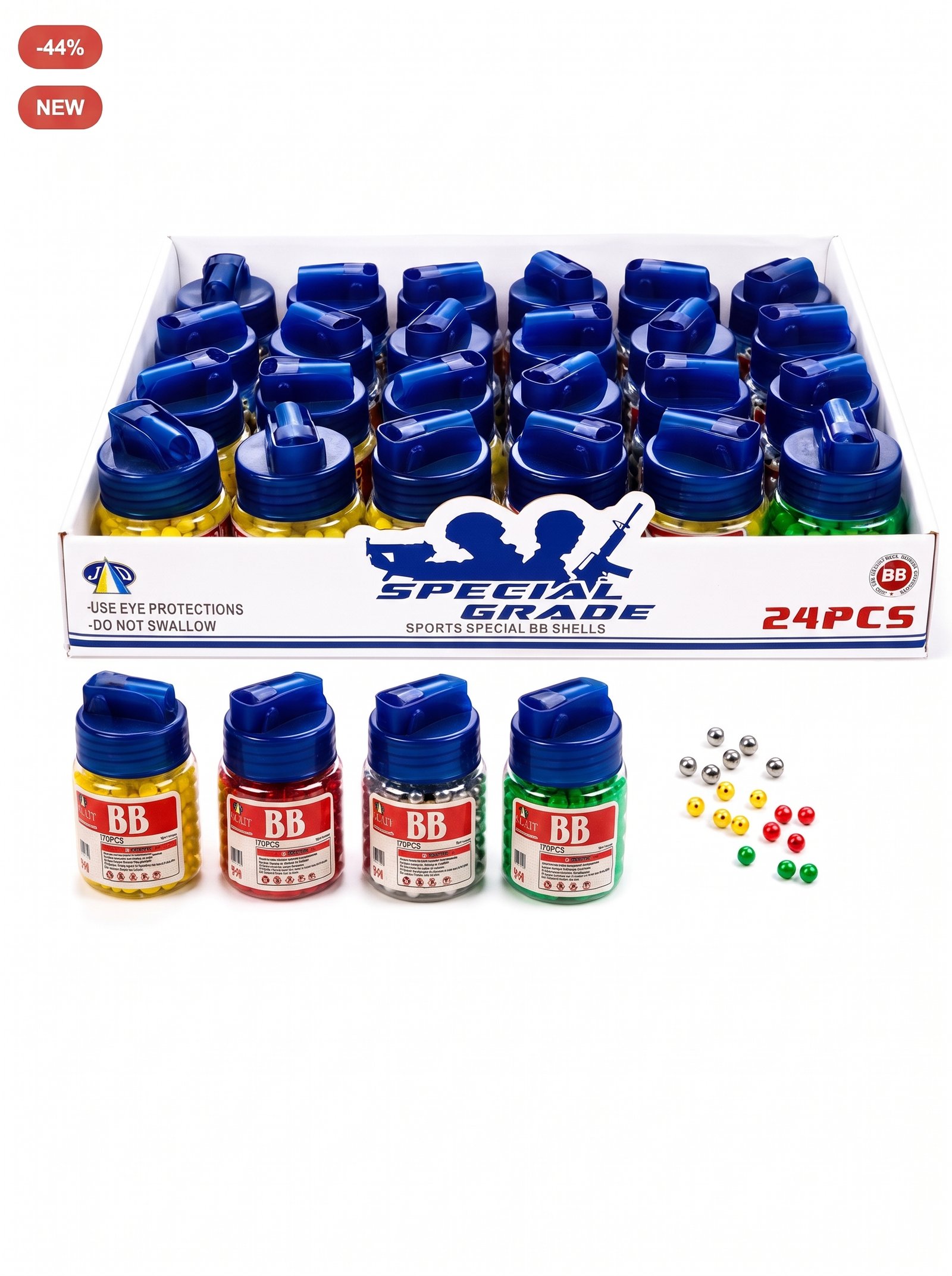 special-grade-bb-shells-display-box-24pcs Wholesale display box containing 24 bottles of Special Grade BB shells with new and sale badges