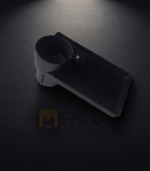 Angle view of a black multi-functional car cup holder with a rotating food tray and adjustable base