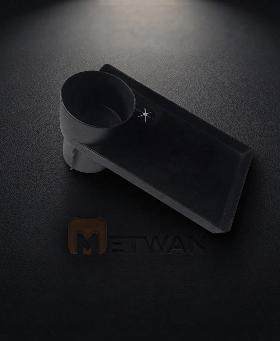 Angle view of a black multi-functional car cup holder with a rotating food tray and adjustable base