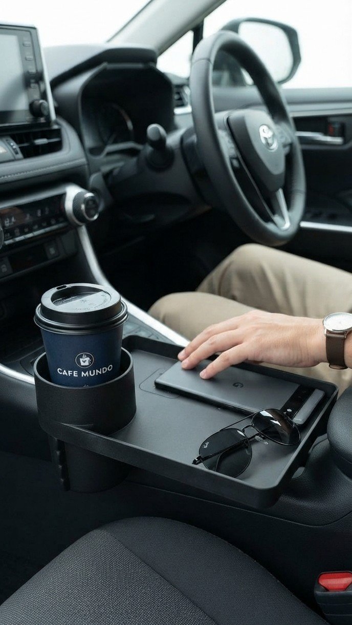 Black durable car cup holder and organizer tray main view