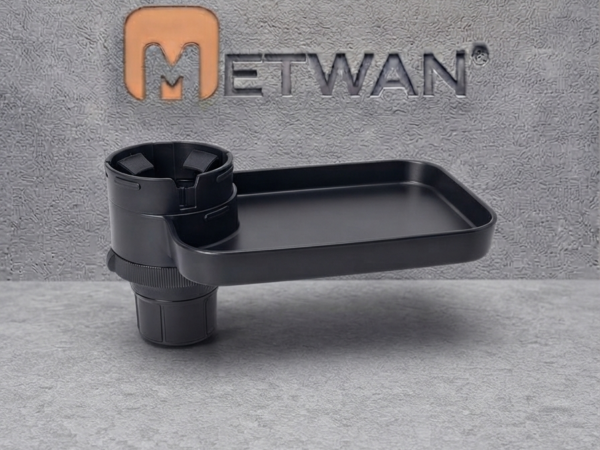 Front view of a black car cup holder with a detachable food tray and adjustable base.