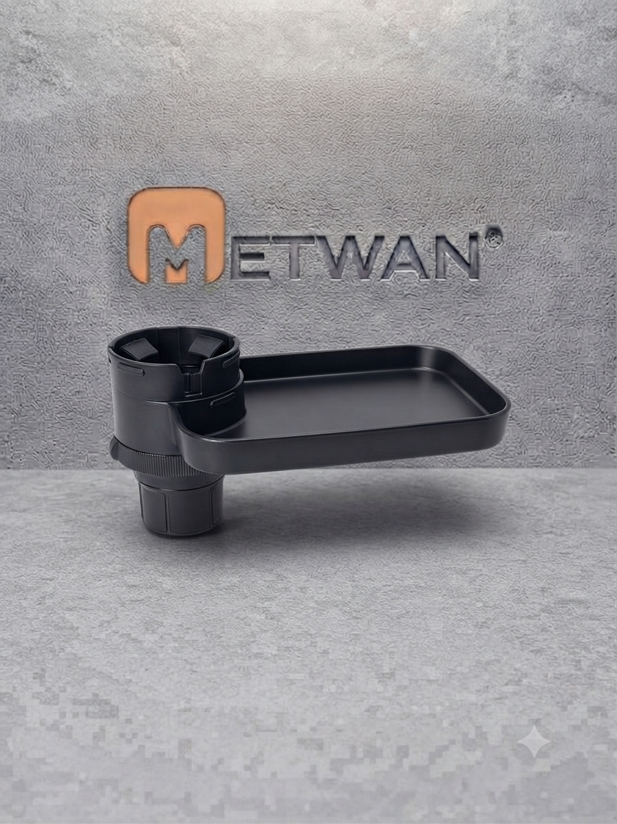 Front view of a black car cup holder with a detachable food tray and adjustable base.