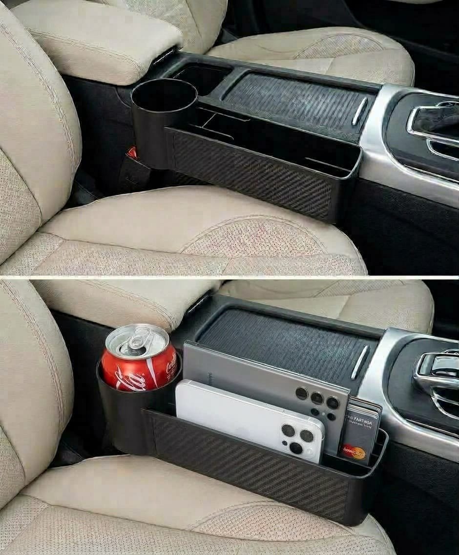 Car seat organizer with carbon fiber texture and integrated cup holder