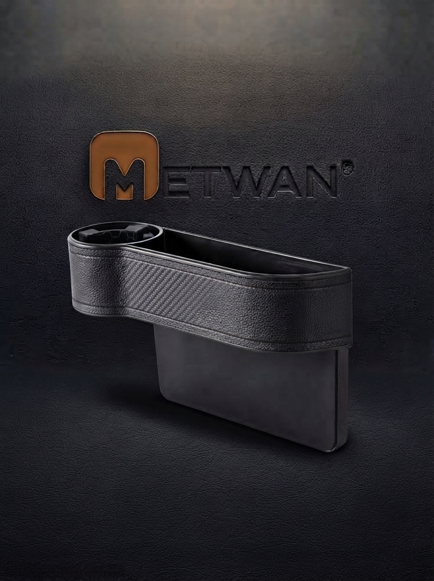Side view of a black car seat organizer with a built-in cup holder and carbon fiber texture design