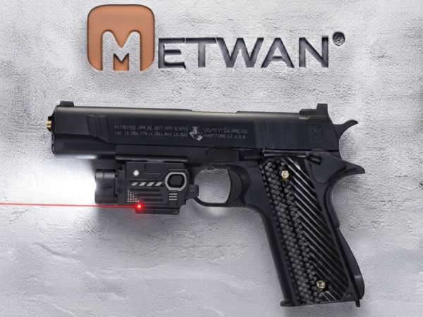 Full view of black COLT'S HARTFORD tactical gel blaster toy pistol with laser pointer