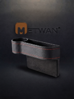 Side view of a black leather car seat organizer featuring a built-in cup holder and stylish red stitching detail