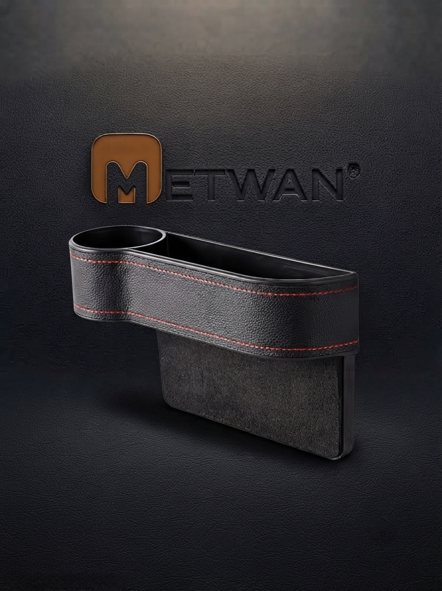 Side view of a black leather car seat organizer featuring a built-in cup holder and stylish red stitching detail