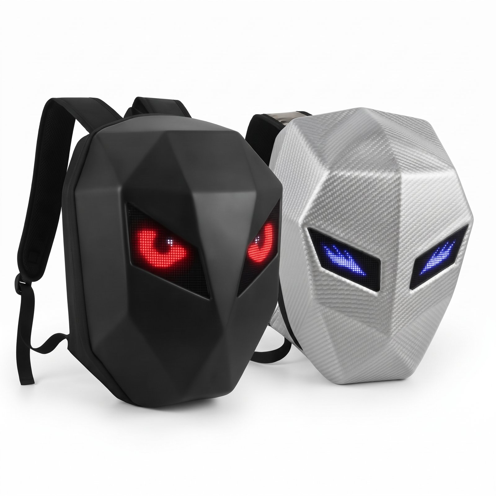 Black and silver LED backpacks with glowing red and blue eyes