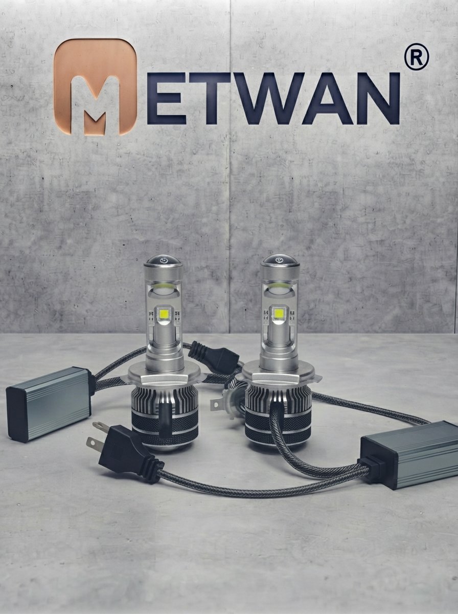 METWAN M01Q-H7 H4 projector LED headlight bulbs with external driver on concrete background