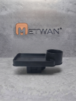 Front view of a black car cup holder with a detachable food tray
