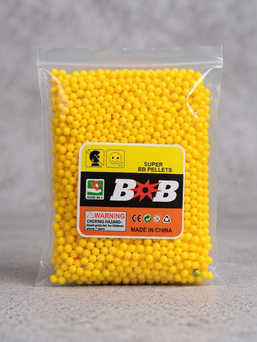 Front view of a transparent plastic bag filled with yellow Super BB Pellets