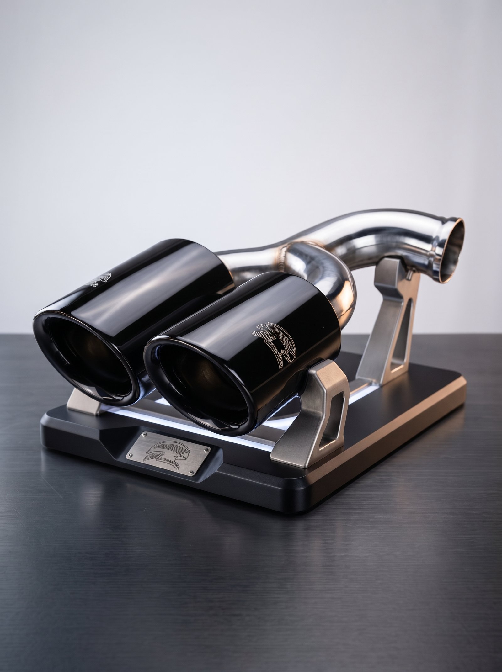dual-exhaust-tip-black-chrome-smoked-front-view Dual exhaust tip black chrome smoked showing sleek twin outlets