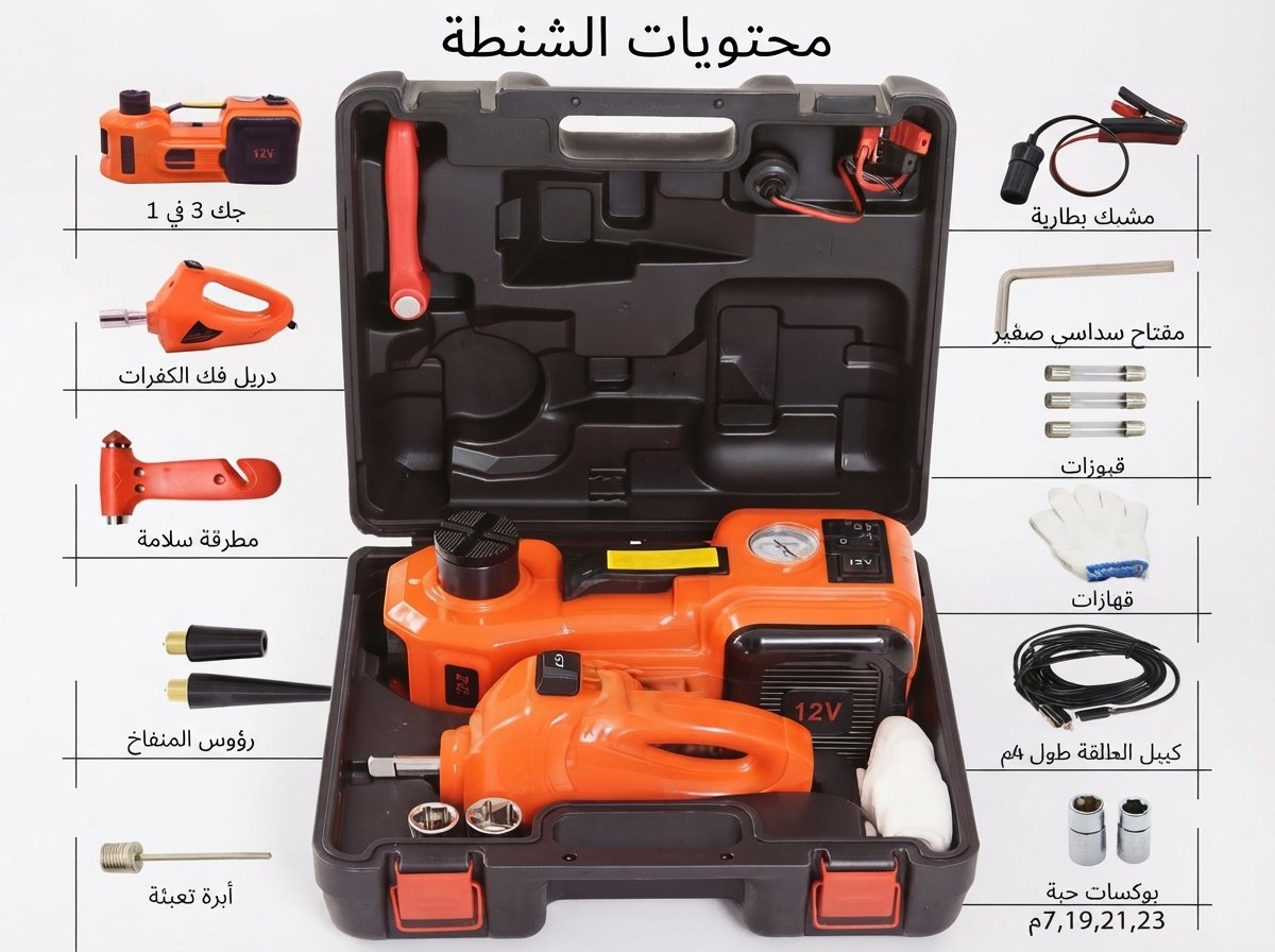 3 in 1 car emergency tool kit with electric jack, air inflator, and impact wrench.