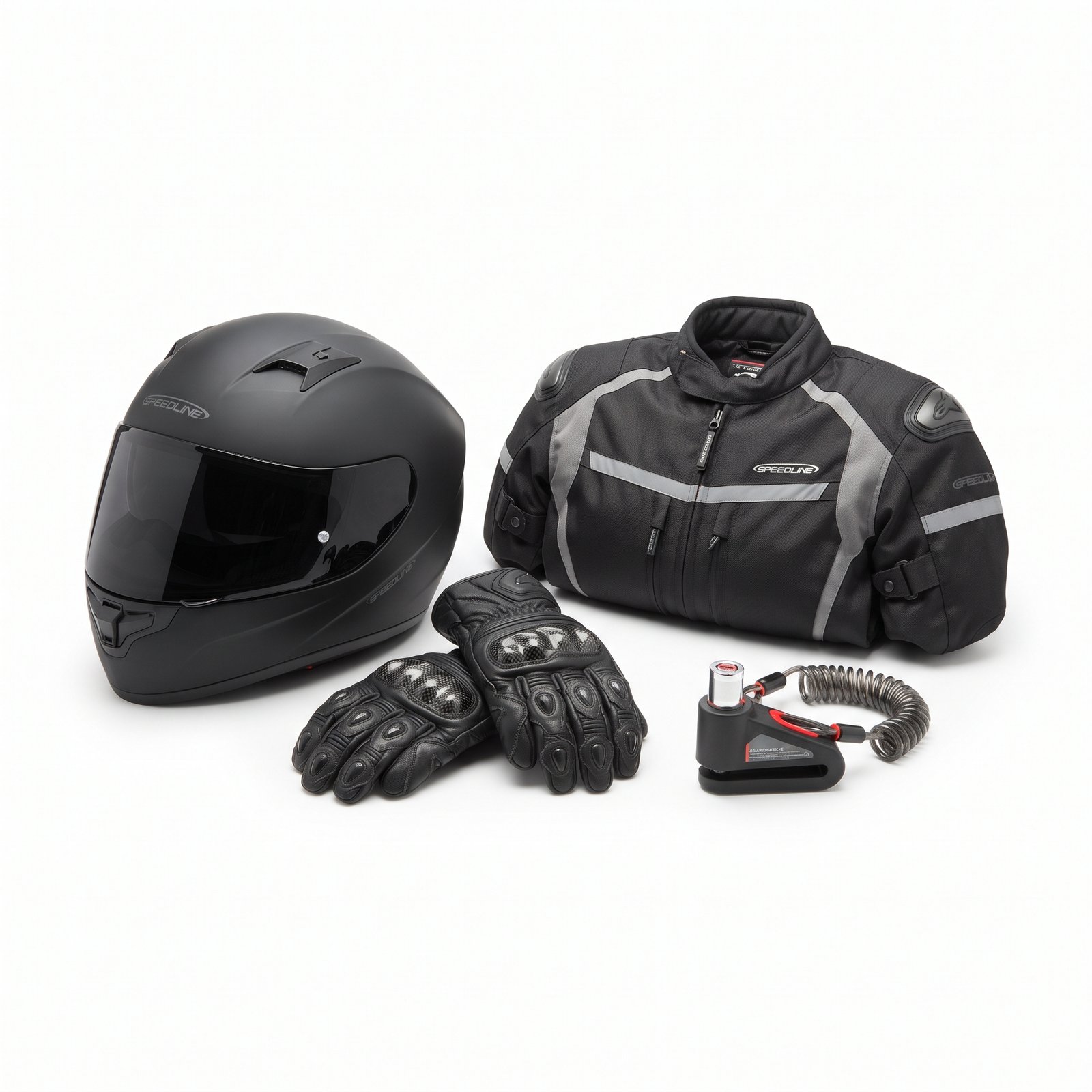 A collection of motorcycle gear including a helmet, jacket, gloves, and disc lock neatly arranged against a pure white background